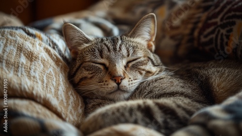 An adorable real-life photo of a cat in a cozy setting, capturing its playful or relaxed demeanor, with ample space for text or additional design elements 