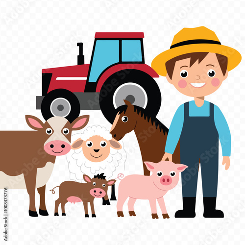 Famer Animal Clipart Bundle on transparent Background with cow chicken pig horse goat sheep