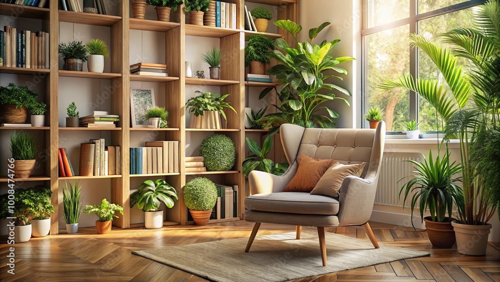 Sunlight Streaming Through a Window Onto a Cozy Living Room with an Armchair, Bookshelves Filled with Plants and Books, and a Woven Rug on a Hardwood Floor Sunlight Streaming Through a Window Onto a Cozy Living Room with an Armchair, Bookshelves Filled with Plants and Books, and a Woven Rug on a Hardwood Floor