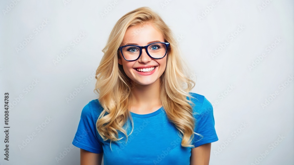 Cheerful young woman wearing glasses and a blue t-shirt smiles brightly, her blonde hair framing her face, against Cheerful young woman wearing glasses and a blue t-shirt smiles brightly, her blonde hair framing her face, against