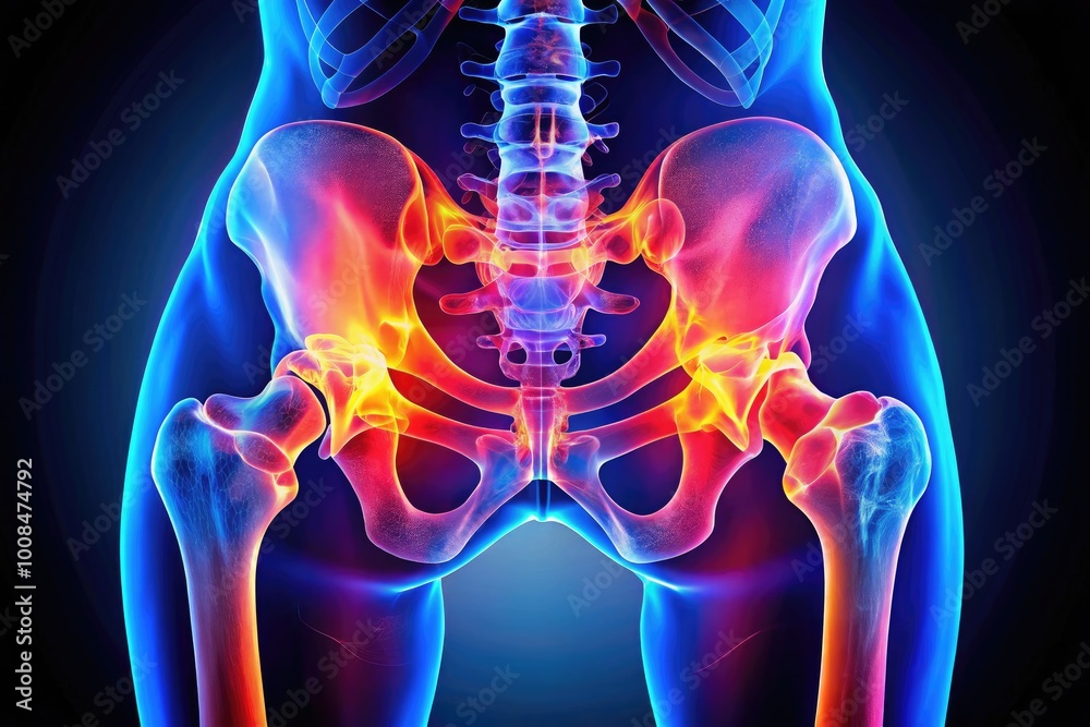 Detailed hip x-ray showcasing bone structure and joint alignment for medical and educational use Detailed hip x-ray showcasing bone structure and joint alignment for medical and educational use