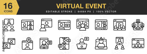 Virtual Event icon set. Editable Stroke Icon Collection. Includes Virtual, Event, Video, Conference, Call, Communications, Browser, and More. Outline icons vector collection.