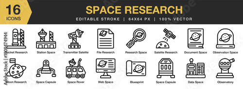 Space Research icon set. Editable Stroke Icon Collection. Includes blueprint, data space, document, file, moon, observatory, and More. Outline icons vector collection.