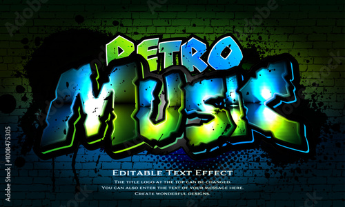”Music Retro” editable graffiti title logo text style effect, with light blue, light green gradient painted on a black brick wall. sans serif,graffiti typeface