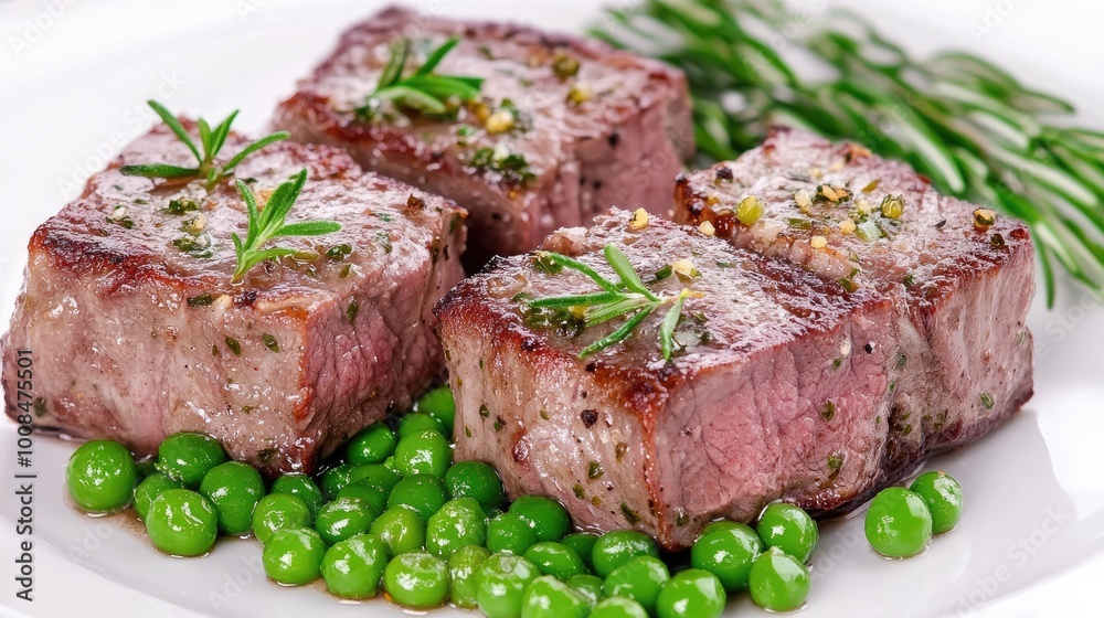 A serving of buttered peas served as a classic side dish with roasted meat A serving of buttered peas served as a classic side dish with roasted meat