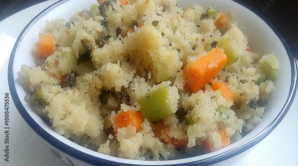 A serving of cornbread stuffing served as a side dish for a holiday meal A serving of cornbread stuffing served as a side dish for a holiday meal