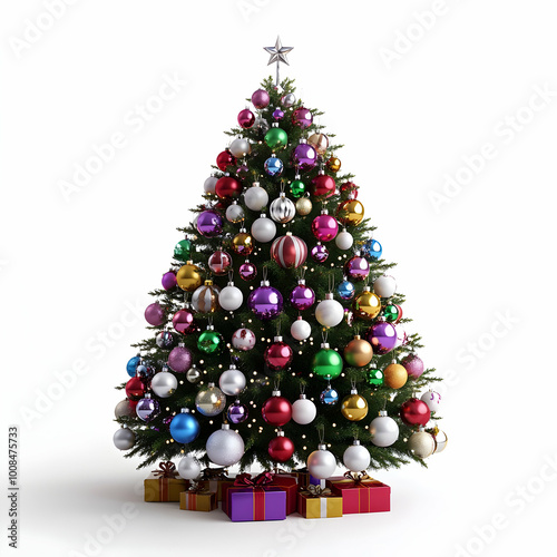 Festive Christmas tree adorned with vibrant, multicolored ornaments and twinkling lights. Wrapped presents in various colors are placed beneath the tree, creating a joyful and festive holiday scene.