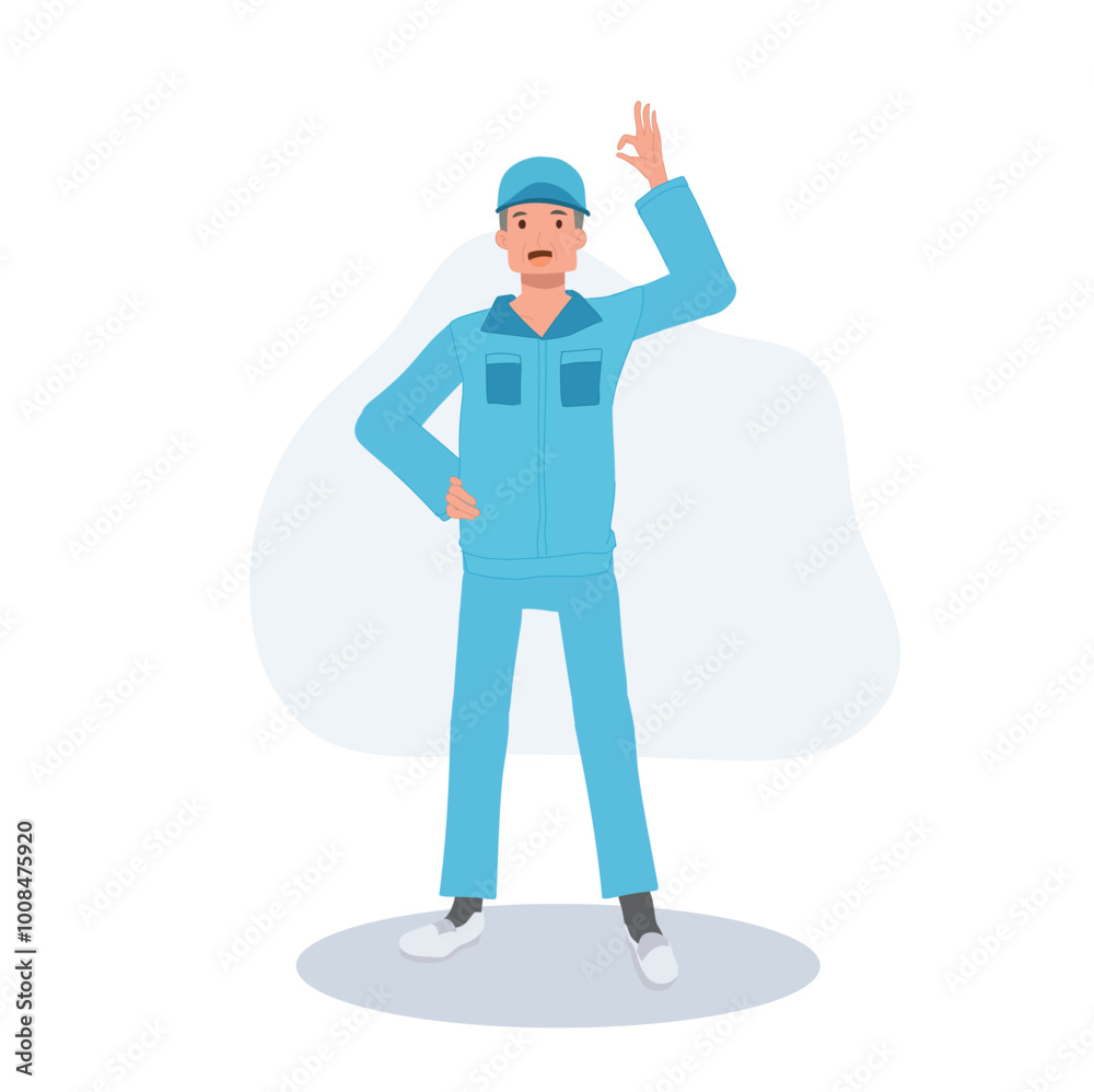 Male Janitor in Blue Uniform with OK Hand Sign. Male Cleaner in Blue Uniform Giving OK Gesture Male Janitor in Blue Uniform with OK Hand Sign. Male Cleaner in Blue Uniform Giving OK Gesture