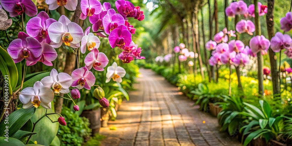 A Path Lined with Delicate Orchids, Their Petals Dancing in the Sunlight, Leading to a Serene Garden Beyond A Path Lined with Delicate Orchids, Their Petals Dancing in the Sunlight, Leading to a Serene Garden Beyond