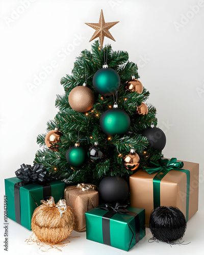 A stylish Christmas tree decorated with matte green, black, and gold ornaments. Elegant, matching gift boxes are placed beneath the tree, creating a modern and sophisticated holiday display.