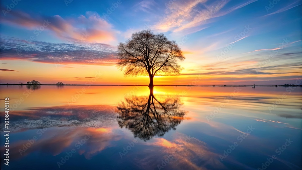A solitary tree stands tall, its silhouette mirrored in the tranquil waters as the sky explodes with vibrant hues of a breathtaking sunset. A solitary tree stands tall, its silhouette mirrored in the tranquil waters as the sky explodes with vibrant hues of a breathtaking sunset.