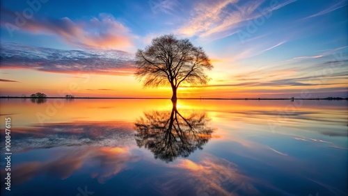 A solitary tree stands tall, its silhouette mirrored in the tranquil waters as the sky explodes with vibrant hues of a breathtaking sunset.