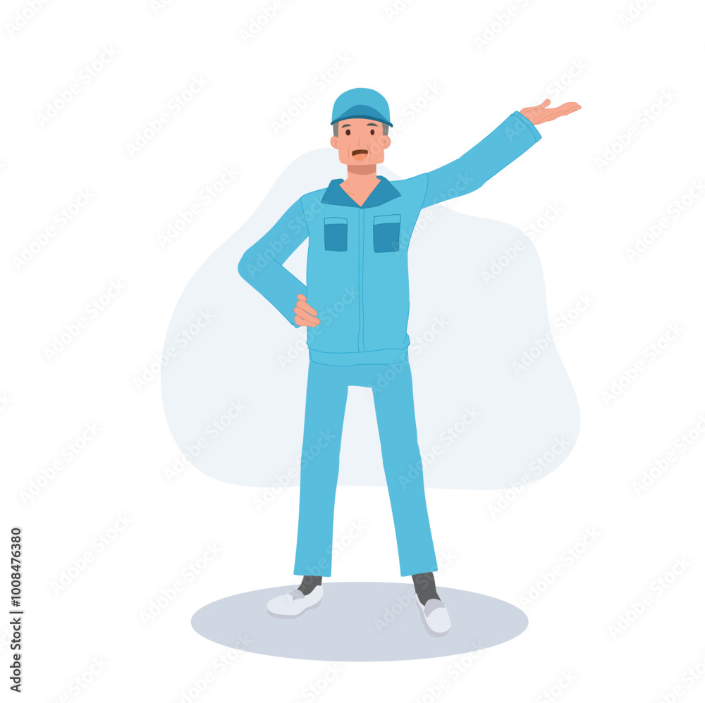 Professional cleaner character in blue uniform presenting a concept with hand gesture Professional cleaner character in blue uniform presenting a concept with hand gesture