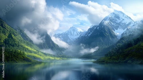 Enchanting Fantasy Landscape, vibrant colors blend in a magical realm, lush greenery and towering mountains meet shimmering rivers under a sky filled with ethereal clouds.