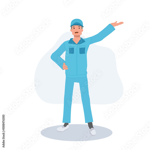 Professional cleaner character in blue uniform presenting a concept with hand gesture