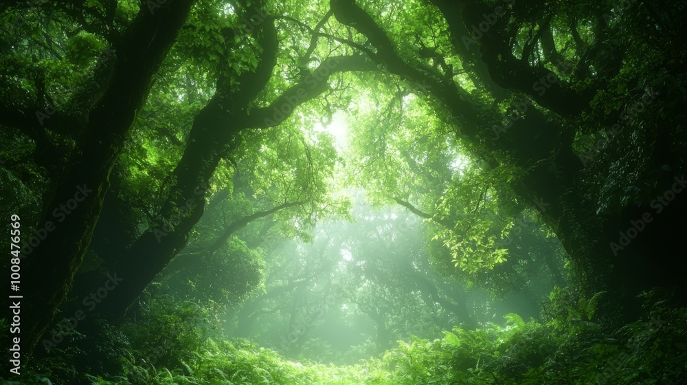 Fototapeta premium Majestic Forest Realm, an enchanting landscape filled with towering ancient trees, vibrant foliage, and a serene atmosphere that transports viewers to a captivating fantasy world.