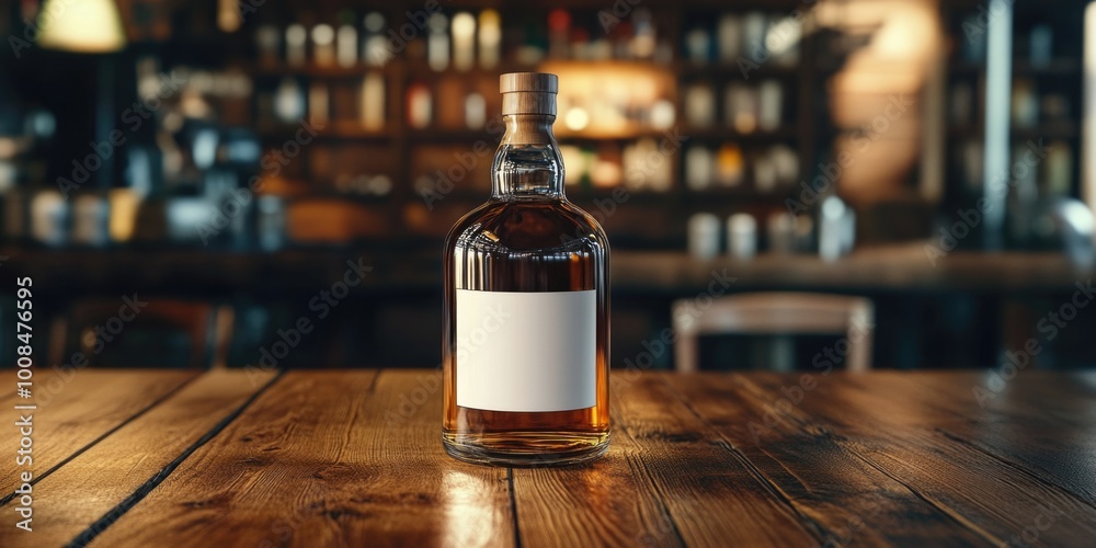 Naklejka premium Amber Liquor Bottle on Rustic Table