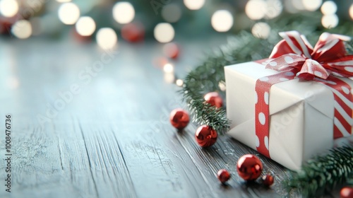 Festive Holiday Gift Surrounded by a Lush Christmas Tree, an enchanting scene capturing the spirit of the season with vibrant colors and intricate decorations. photo