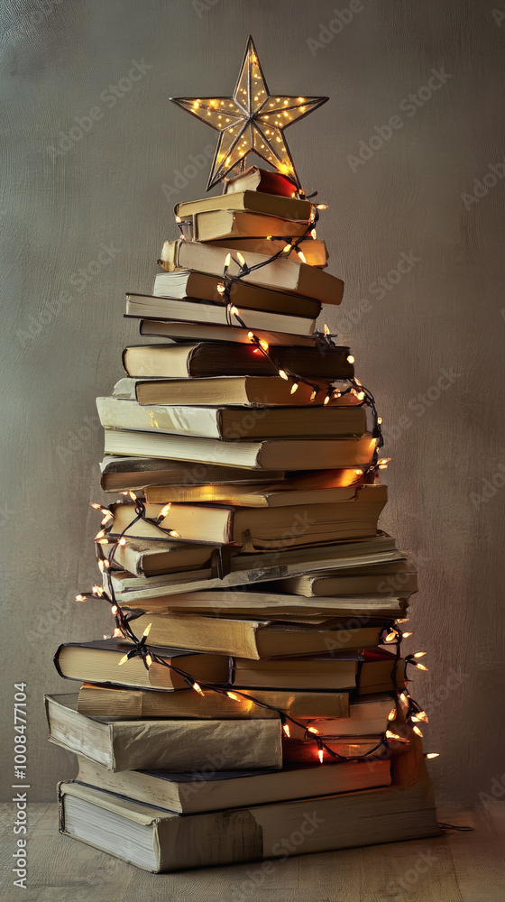Alternative Eco christmas tree made from pile of books and lights. Creative Christmas Tree DIY. Idea creative Zero waste Interiors decorations at holiday xmas