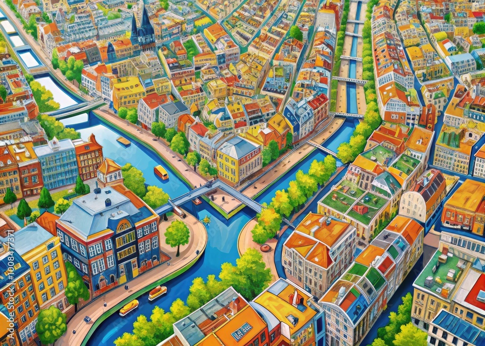 Fototapeta premium Detailed Map of Amsterdam, Netherlands Featuring Landmarks, Streets, and Canals for Travel Planning