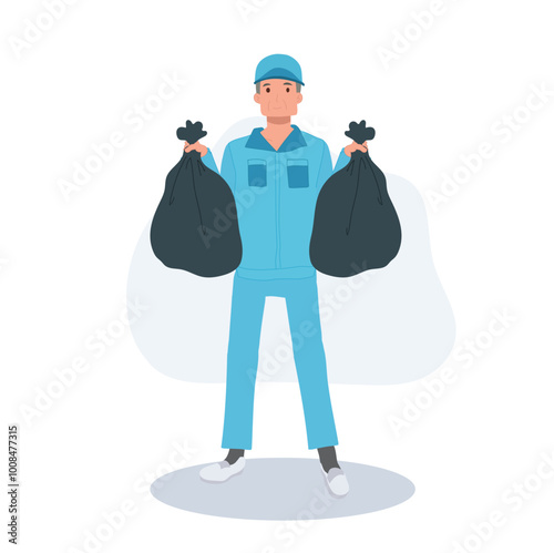 Male Janitor Character Holding Trash Bag in Blue Uniform. Male Cleaner in Blue Uniform Holding a Black Garbage Bag