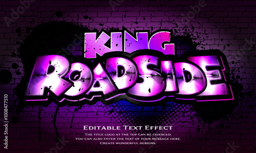 ”Road Side King” editable graffiti title logo text style effect, with purple, pink gradient painted on a black brick wall. sans serif,graffiti typeface