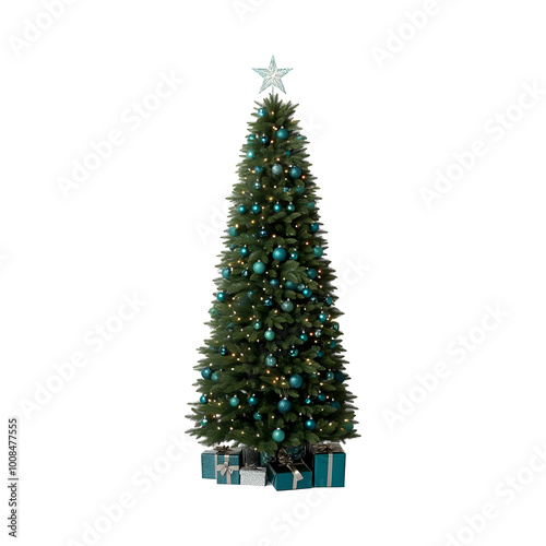 Tall and elegant Christmas tree adorned with shimmering blue ornaments and topped with a sparkling star. Wrapped presents in matching colors are neatly arranged under the tree.