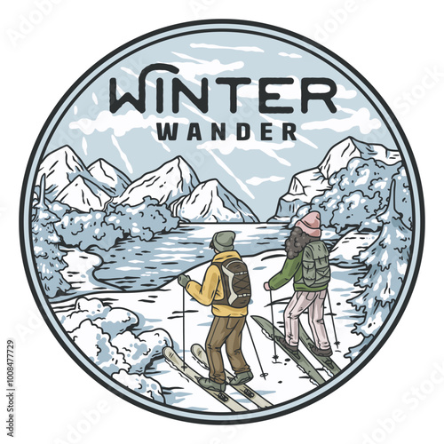 Backcountry skiers navigating snowy mountain pass, vintage emblem captures essence of journey, immersed in nature's beauty. Evokes freedom, exploration, perfect for active lifestyle