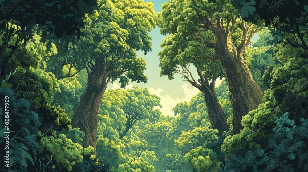 Obraz premium Lush green forest with tall trees and a bright blue sky peeking through the canopy.