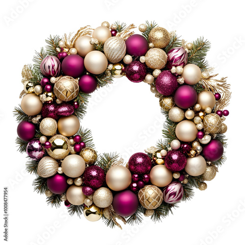 A beautifully decorated Christmas wreath featuring a combination of gold and purple ornaments. The wreath is adorned with glittering baubles and pine greenery, perfect for holiday decor.