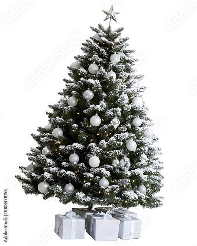 A snow-flocked Christmas tree adorned with white ornaments and topped with a silver star. Elegant silver-wrapped gifts are placed beneath, creating a wintery and festive holiday scene.