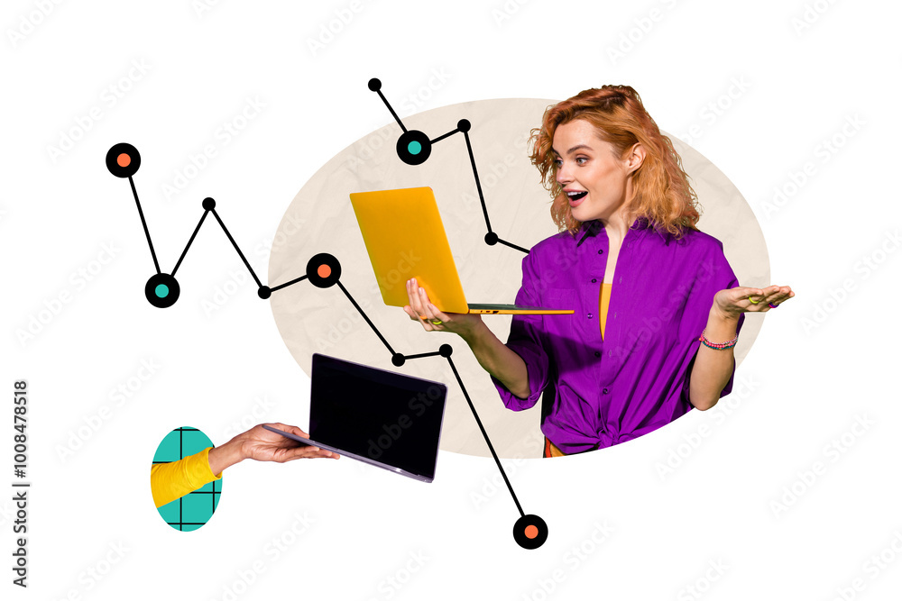 Artwork 3d realistic collage of charming woman discussing income modern gadget isolated on drawing background Artwork 3d realistic collage of charming woman discussing income modern gadget isolated on drawing background