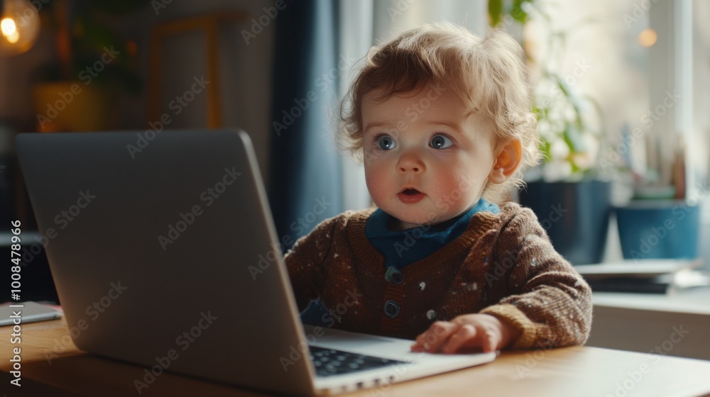 toddler dressed in a smart casual outfit, sitting at a modern desk with a laptop open in front of them toddler dressed in a smart casual outfit, sitting at a modern desk with a laptop open in front of them