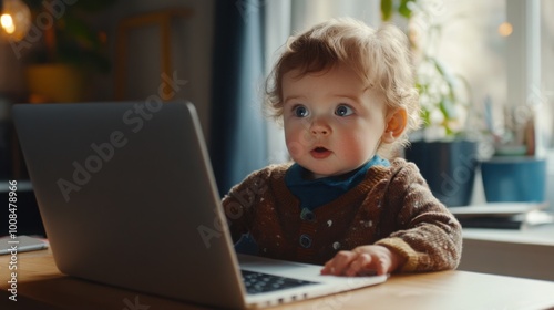  toddler dressed in a smart casual outfit, sitting at a modern desk with a laptop open in front of them