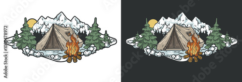 Illustration of a canvas tent set up on a cold winter night with bonfire burning to keep warm and snowy mountains in the background