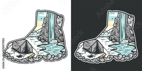Emblem logo graphic of a hiking boot with a waterfall camping scene inside of it, perfect for outdoor adventure apparel