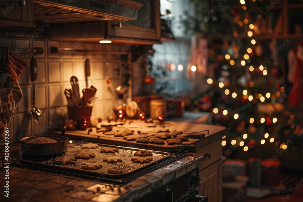 Festive scene of Christmas cookies being baked and decorated in a cozy kitchen. Festive scene of Christmas cookies being baked and decorated in a cozy kitchen.