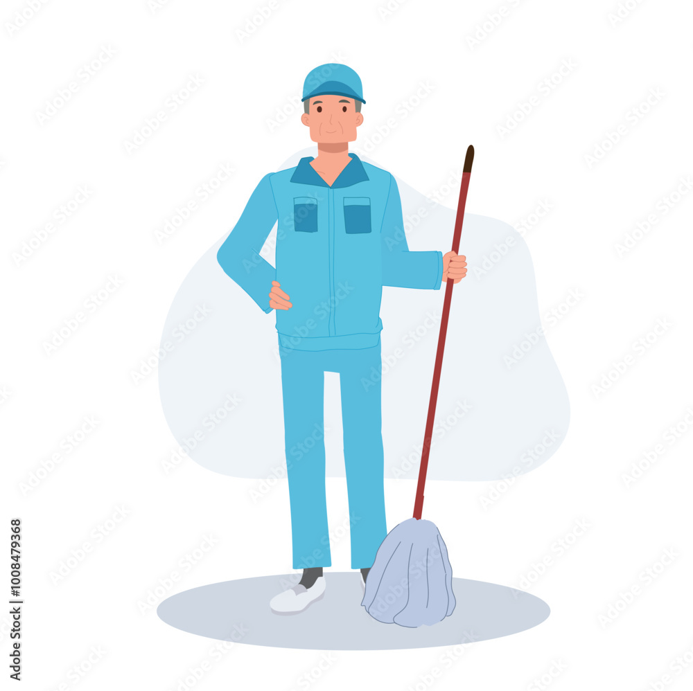 Male Cleaner, janitor Cartoon in Blue Uniform with Mop Cleaning Floors Male Cleaner, janitor Cartoon in Blue Uniform with Mop Cleaning Floors