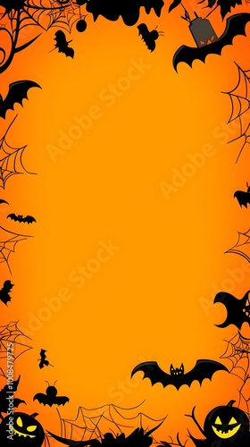 Spooky Cartoon Halloween Background with Pumpkins Bats and Cobwebs in Orange and Black Colors