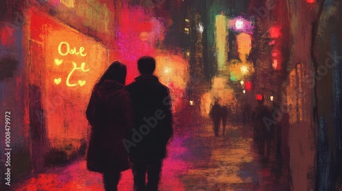 Couple in Love Walking through Vibrant City Alleyway at Night