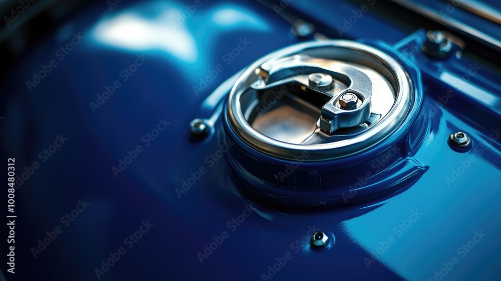 Focused view on the opening cap of a blue 200-litre fuel tank, with clean lines and industrial design, no people or logos. Focused view on the opening cap of a blue 200-litre fuel tank, with clean lines and industrial design, no people or logos.