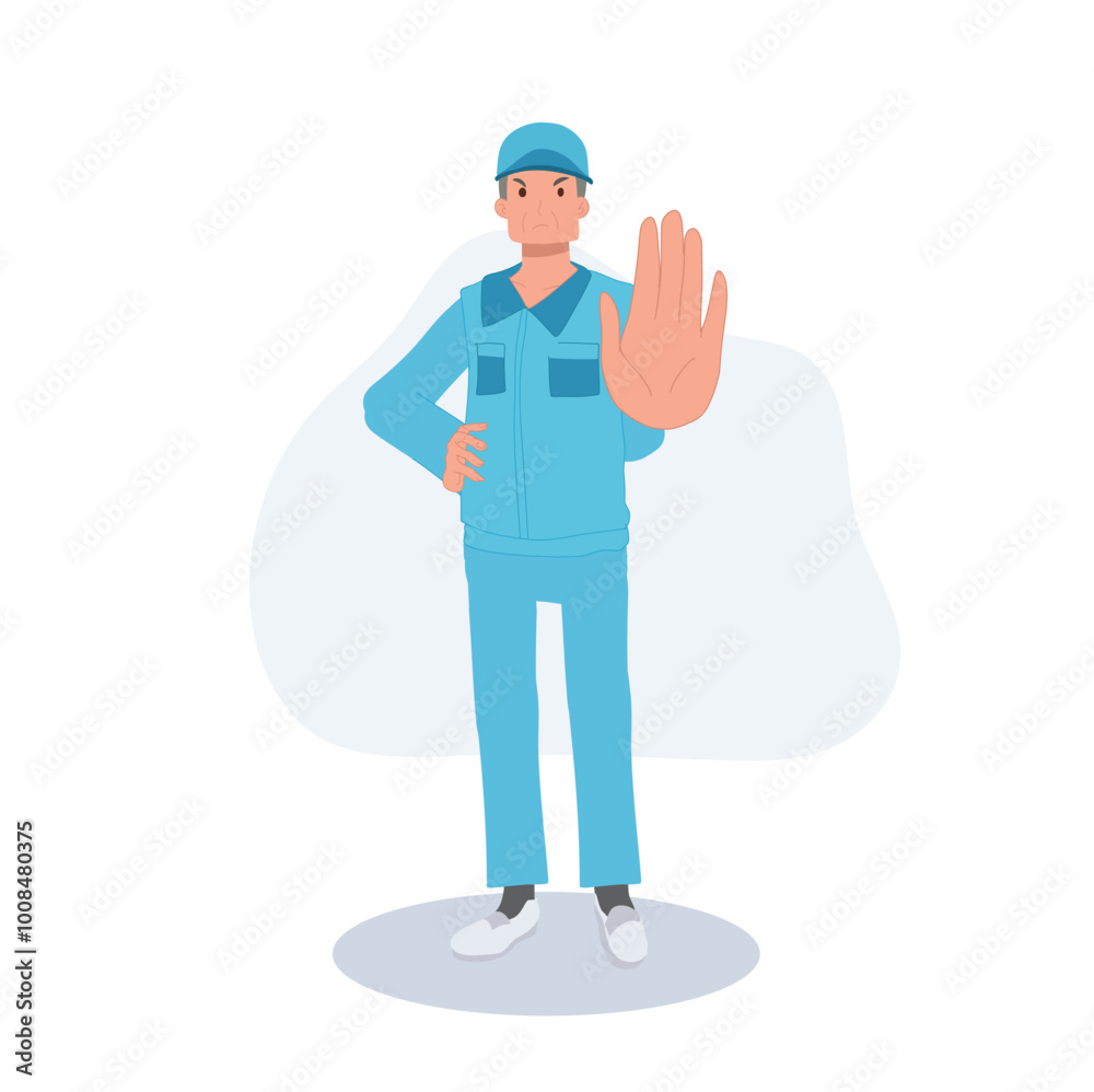 Male Cleaner in Blue Uniform Making Stop Gesture. Janitor with Symbolizing No. Male Cleaner in Blue Uniform Making Stop Gesture. Janitor with Symbolizing No.