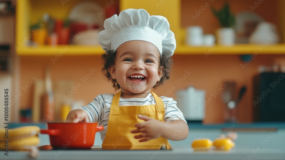  happily playing with a mini kitchen set. The colorful kitchen background captures the joy of cooking and creativity