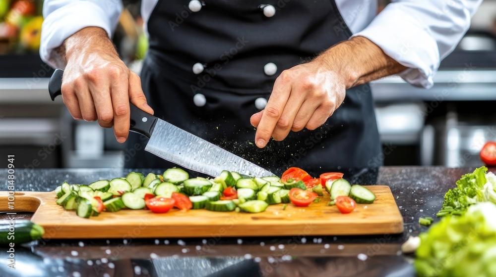 Chef cutting fresh vegetables on a wooden board in the kitchen, preparing ingredients for a meal Chef cutting fresh vegetables on a wooden board in the kitchen, preparing ingredients for a meal