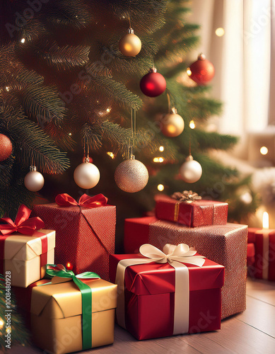 Festively wrapped gifts beneath a beautifully decorated Christmas tree in a cozy indoor setting