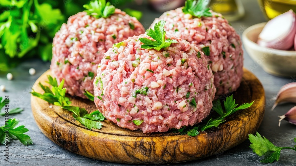 Chef cutting steak tartare on a wooden board, finely dicing the meat for a gourmet dish Chef cutting steak tartare on a wooden board, finely dicing the meat for a gourmet dish
