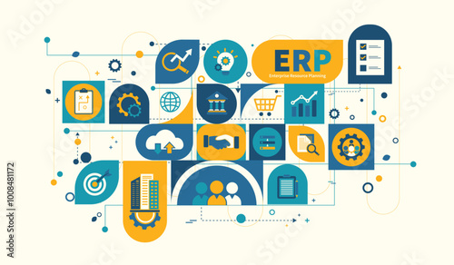 ERP, Enterprise resource planning concept. Business, Technology, Internet and network, software system for business resources plan presented. Businesses infographic, vector illustration with icons.