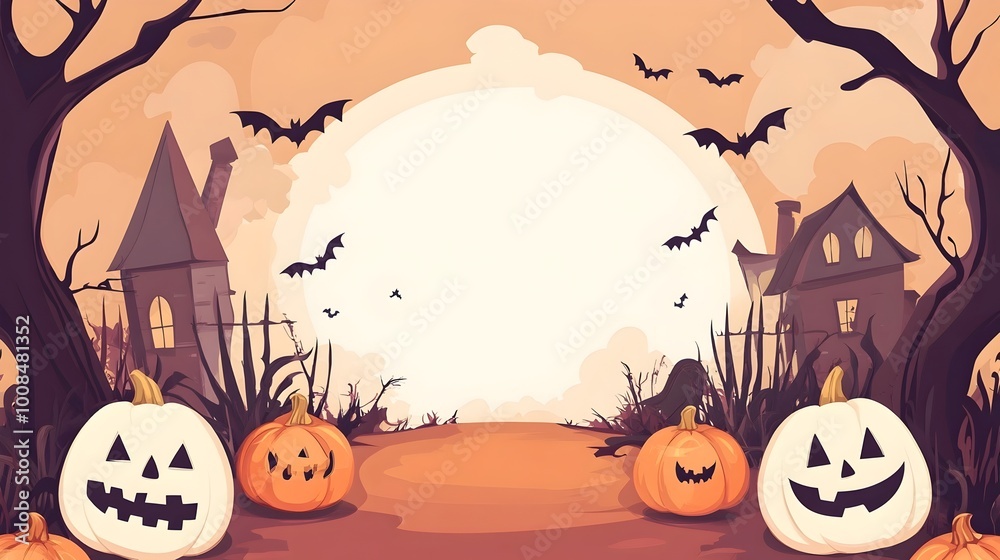 Whimsical Halloween Landscape with Playful Pumpkins Bats and Haunted Houses Under a Glowing Moon Whimsical Halloween Landscape with Playful Pumpkins Bats and Haunted Houses Under a Glowing Moon
