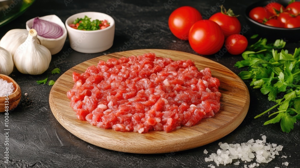 Chef cutting steak tartare on a wooden board, finely dicing the meat for a gourmet dish Chef cutting steak tartare on a wooden board, finely dicing the meat for a gourmet dish