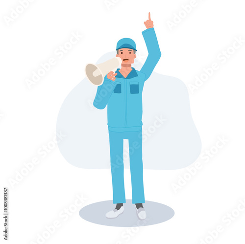 Cleaner using megaphone for announcements. male cleaner in blue uniform making an announcement with a megaphone